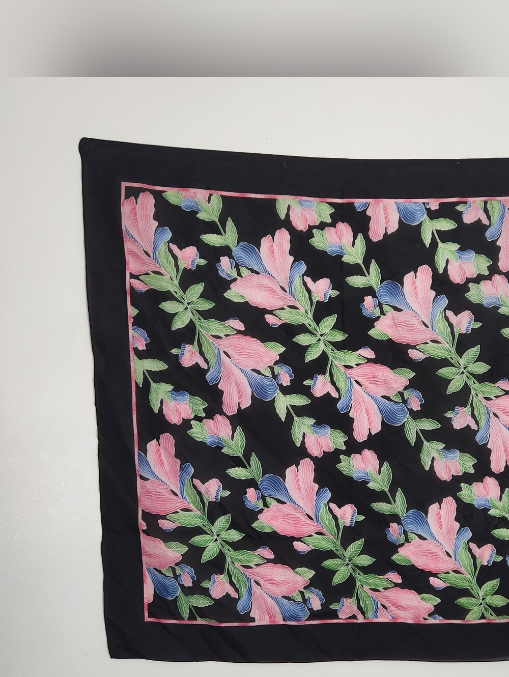 Le Jardin d’Amour Cotton Scarf Square Black Pink Blue Floral French Style 27"